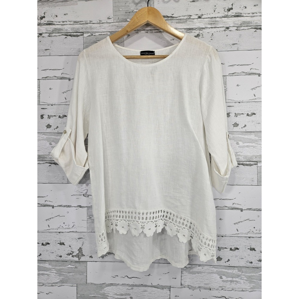 Terzo Millennio Womens Large Linen White Blouse Crochet Hem Made in Italy